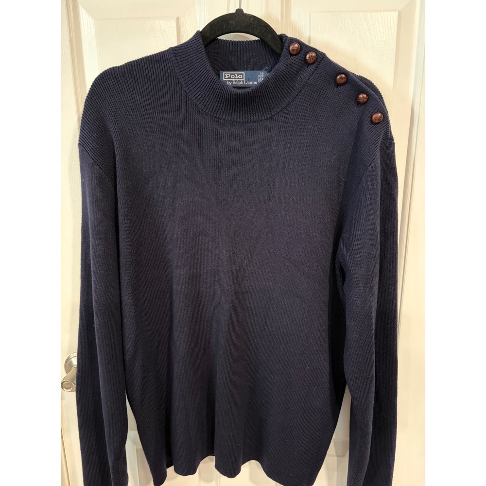 Vintage Men's Ralph Lauren Size XL Wool Navy Mock Neck Sweater Shoulder Buttons